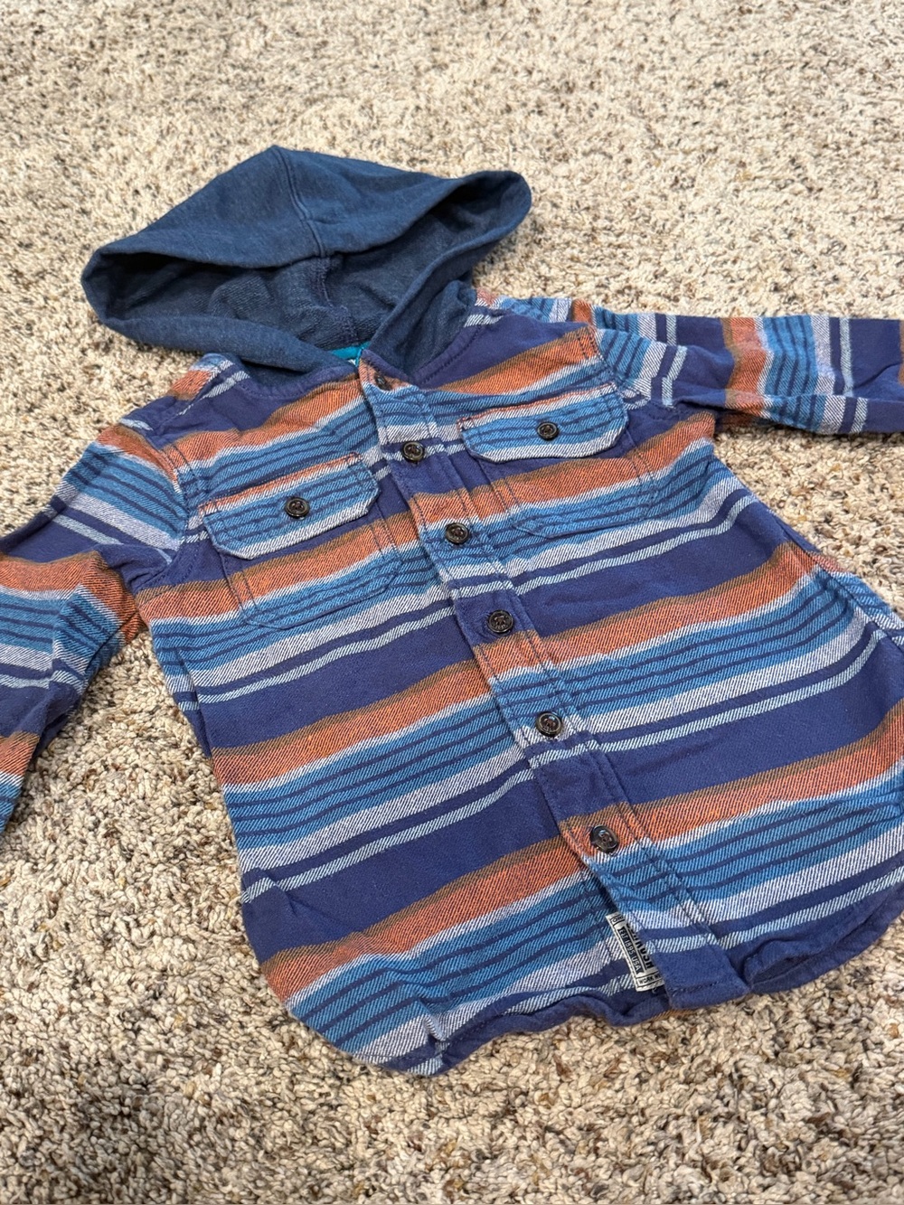 Oshkosh Striped Hooded Button-Front Shirt Jacket in Blue and Rust Sz 3T